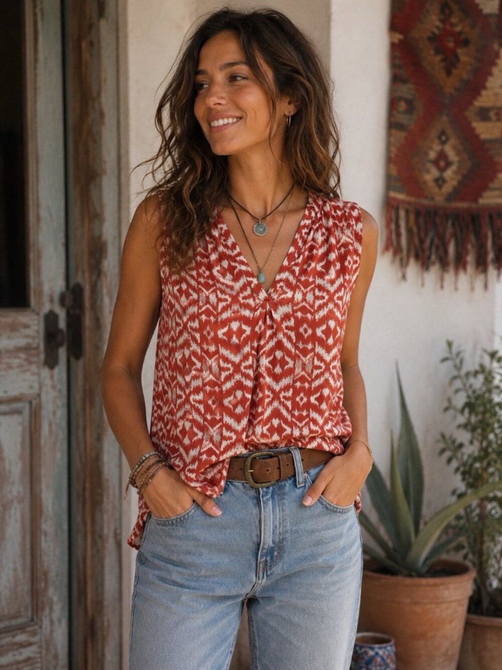 Skies Are Blue Womens Sleeveless Ikat V Neck Blouse Red White Size XS Petite